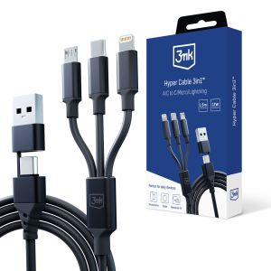 Kabelis USB-A/USB-C į USB-C/Micro/Lightning 1.5m - 3mk Hyper Cable 3in1™ Juodas