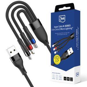 Kabel 1.2m 18W 9V/2A 3mk Hyper Cable N-SERIES 3-in-1 A to C/Micro/Lightning™ Black
