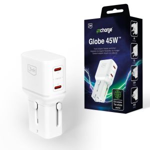 Kelioninis įkroviklis Adapteris 210 šalių 3mk incharge® Globe 45W™ GaN PD QC4+ PPS SCP Baltas