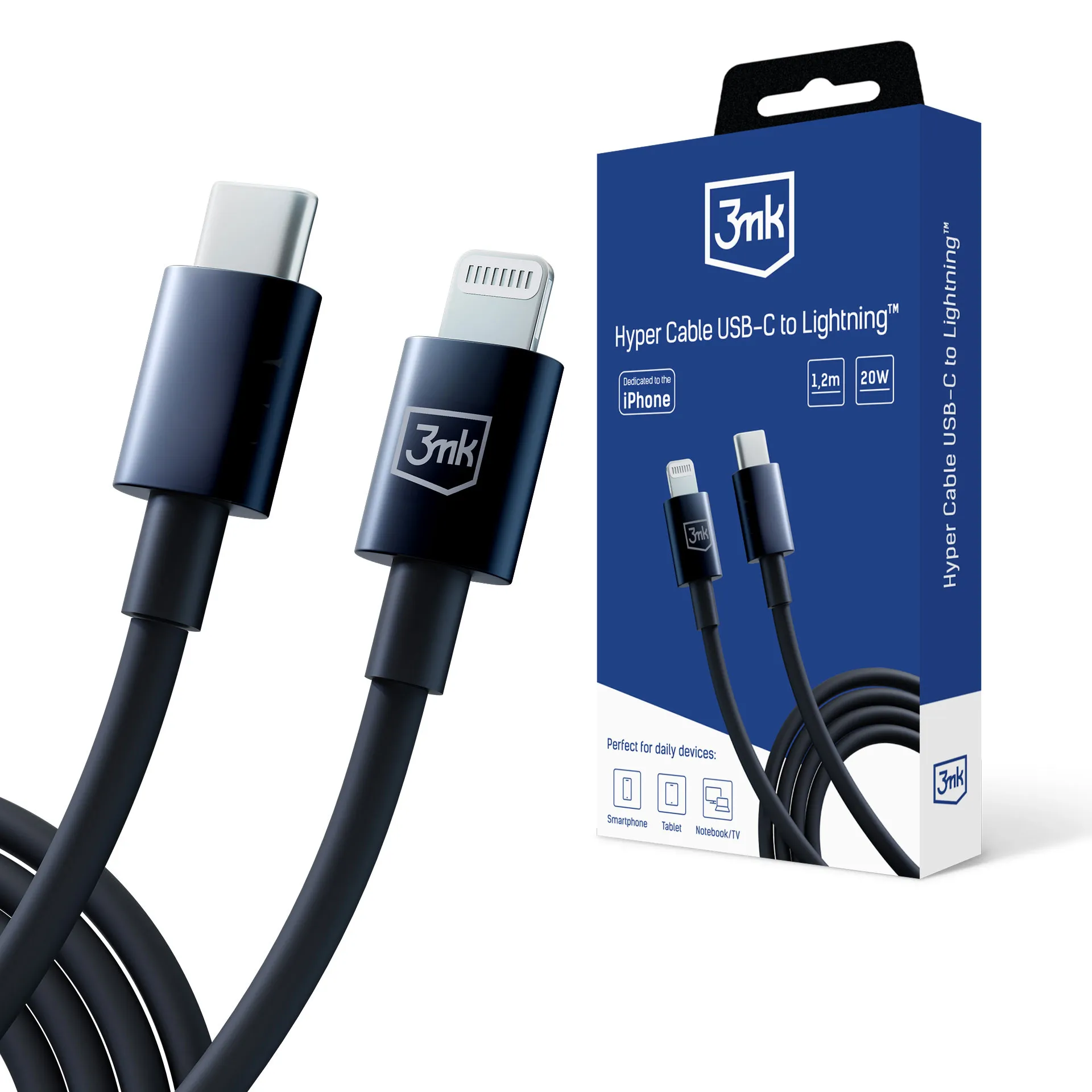 USB-C į Lightning kabelis, 20W 5A 1.2m - 3mk Hyper Cable Black