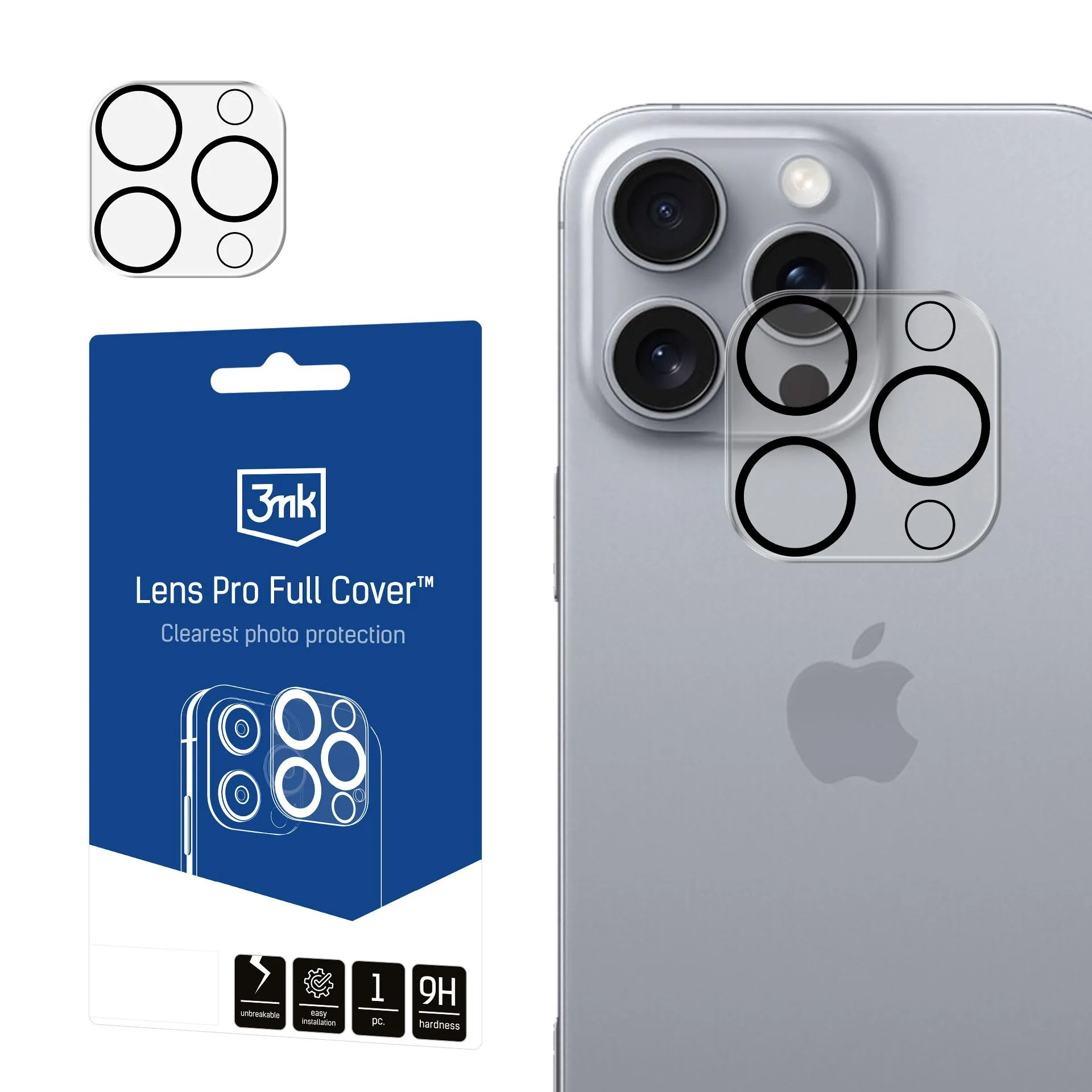 Pilna apsauga nuo įbrėžimų aparatui Apple iPhone 16 Pro / Pro Max - 3mk Lens Pro Full Cover